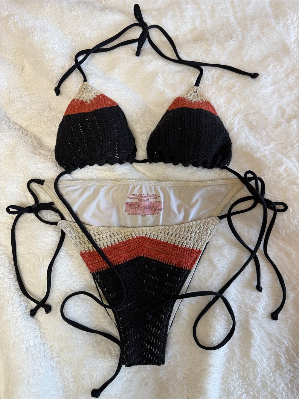 Victoria's Secret Black, Rust & Cream Crochet Bikini Set 2016
